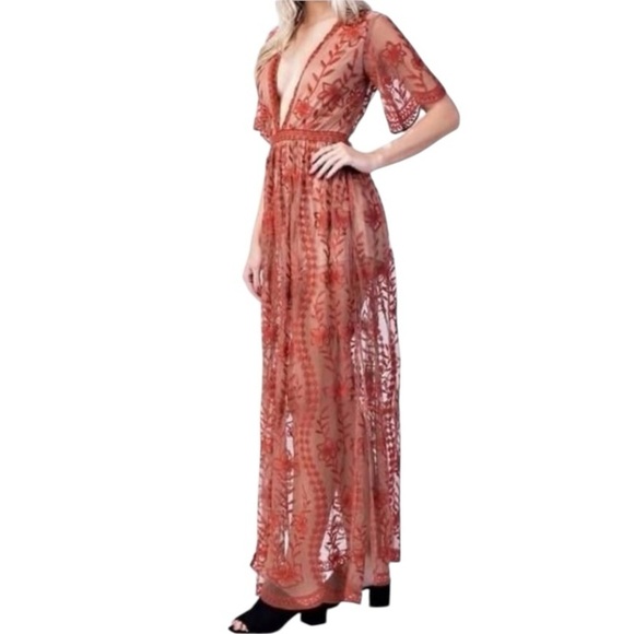 Honeypunch Bohemian Floral Lace Deep V Embroidered Romper Maxi Overlay Dress SZL - Picture 1 of 16